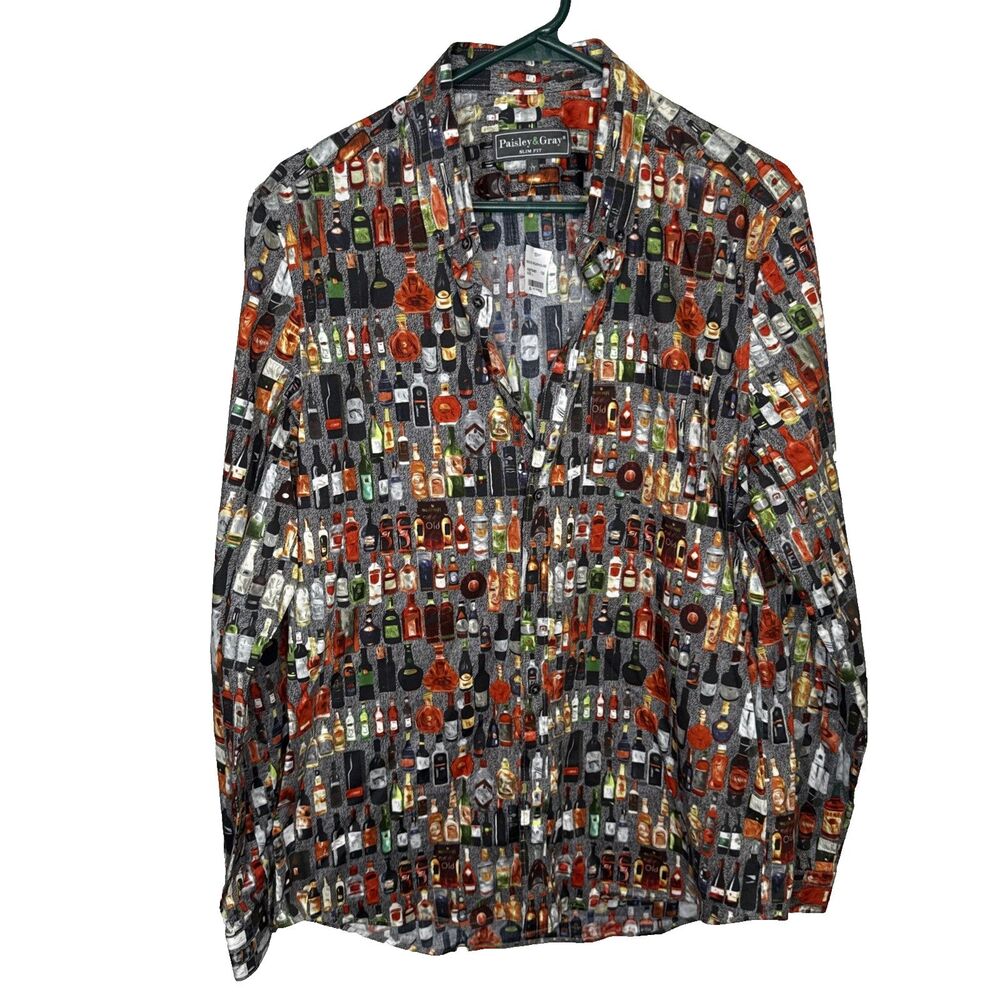 NWT Paisley & Gray SLIM FIT Mens Large L Shirt Bar Back Liquor Bottle Stretch LS